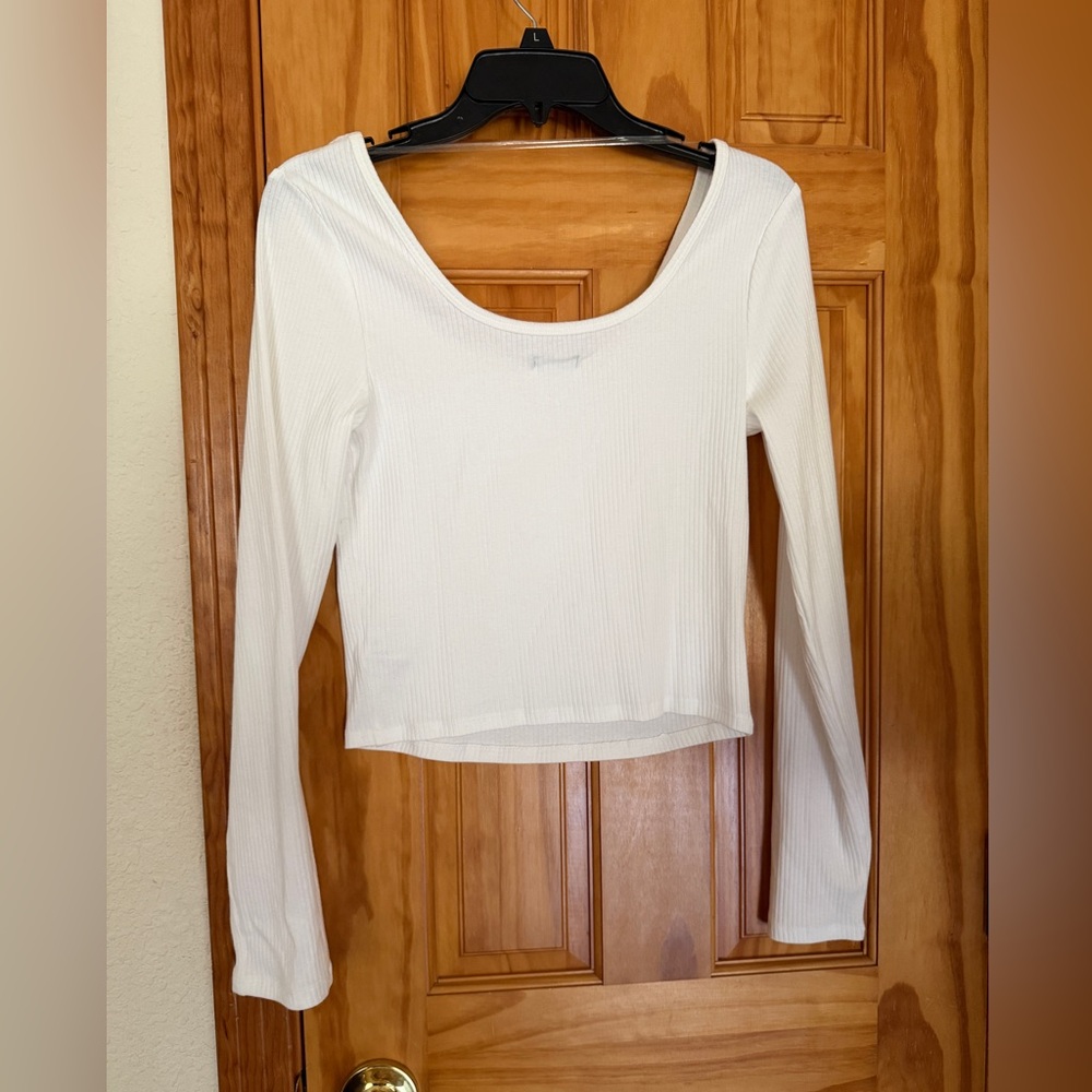 NWT Wild Fable White Ribbed Scoop Neck Long Sleeve Top size Large - Picture 2 of 8